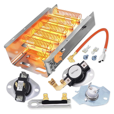 Dryer heating element assembly kit with thermostats and thermal fuse for Whirlpool dryers.