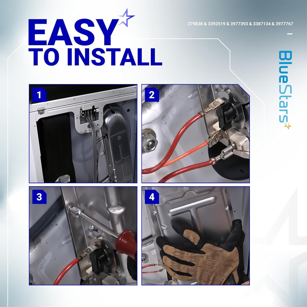 Four-step installation guide for Whirlpool dryer heating element kit showing wiring and mounting process.