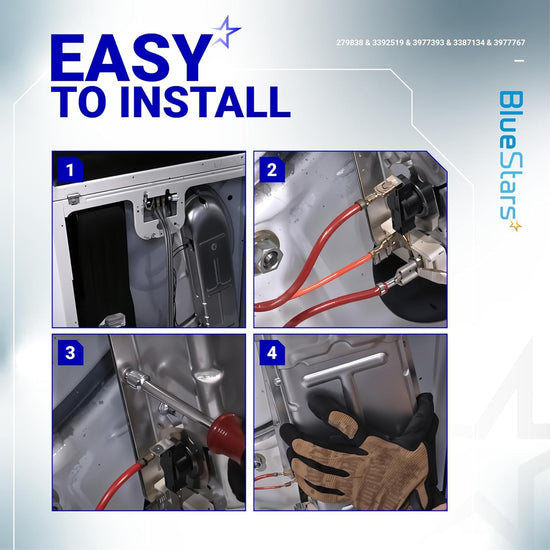 Four-step installation guide for Whirlpool dryer heating element kit showing wiring and mounting process.