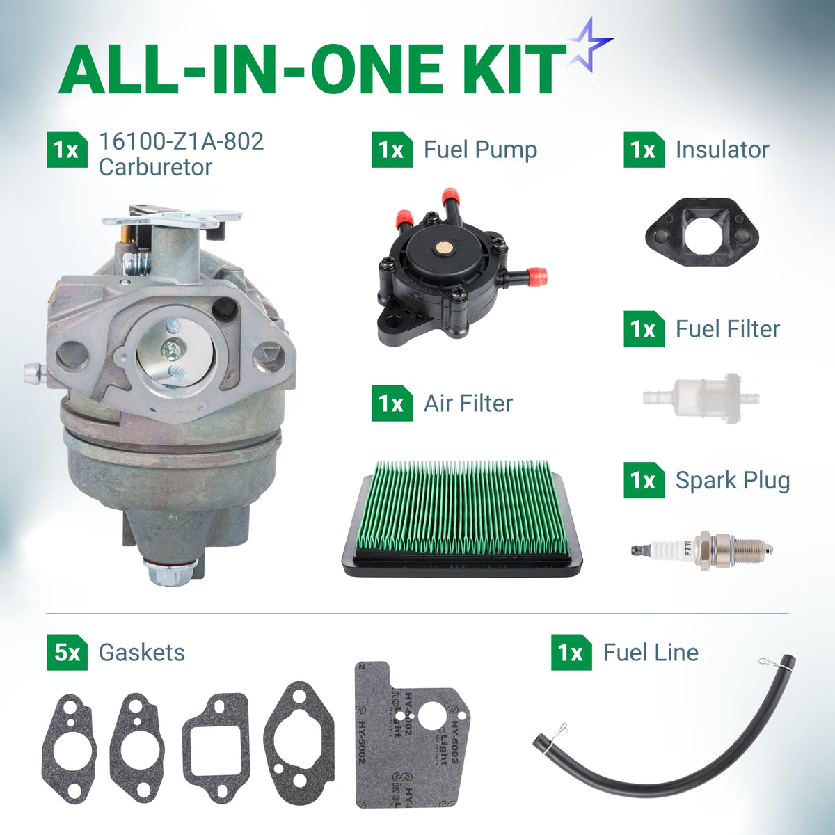Carburetor tune-up kit for Honda GC160 and GC190 engines including carburetor, fuel pump, air filter, and accessories.