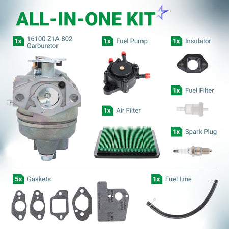 Carburetor tune-up kit for Honda GC160 and GC190 engines including carburetor, fuel pump, air filter, and accessories.