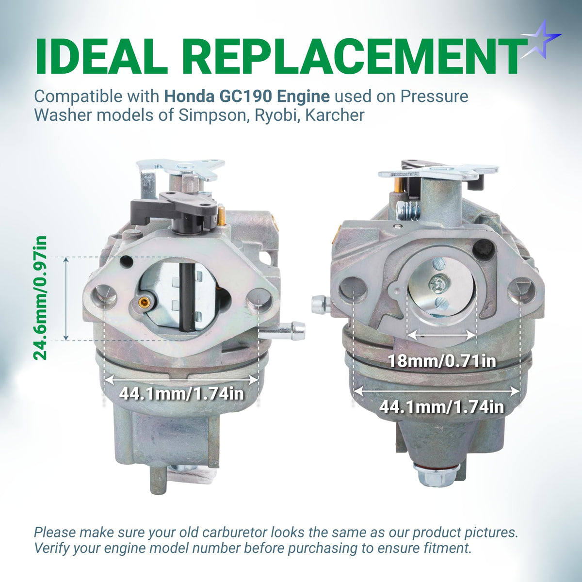 Dimensional diagram of Honda GC190 engine carburetor replacement showing intake and mounting measurements.