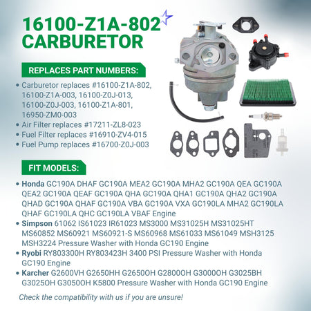 16100-Z1A-802 carburetor kit with air filter, fuel pump, and gaskets for Honda GC160 and GC190 pressure washer engines.