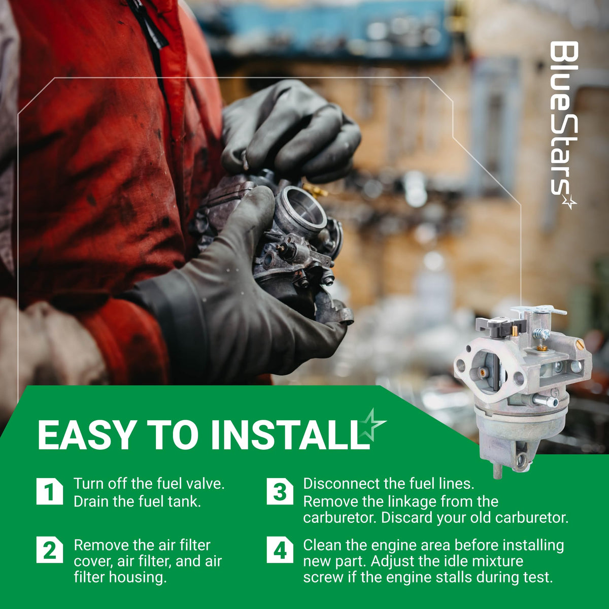 Instructional graphic showing how to install a Honda GC160 GC190 engine carburetor replacement part.
