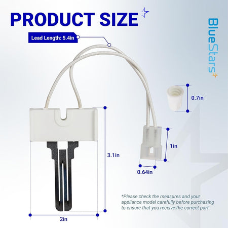 LH33ZS004 furnace hot surface igniter showing detailed dimensions and lead length measurements.