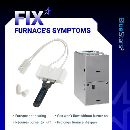 LH33ZS004 furnace hot surface igniter with wire harness and wire nuts shown next to a furnace unit.