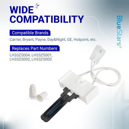 LH33ZS004 furnace hot surface igniter with wire harness and wire nuts against a compatibility information background.