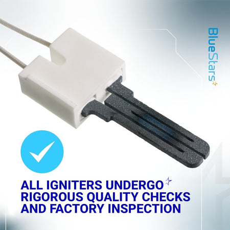 LH33ZS004 furnace hot surface igniter with white ceramic base and quality inspection text overlay.