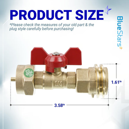 Propane tank adapter with red valve showing 3.58-inch length and 1.61-inch diameter dimensions.