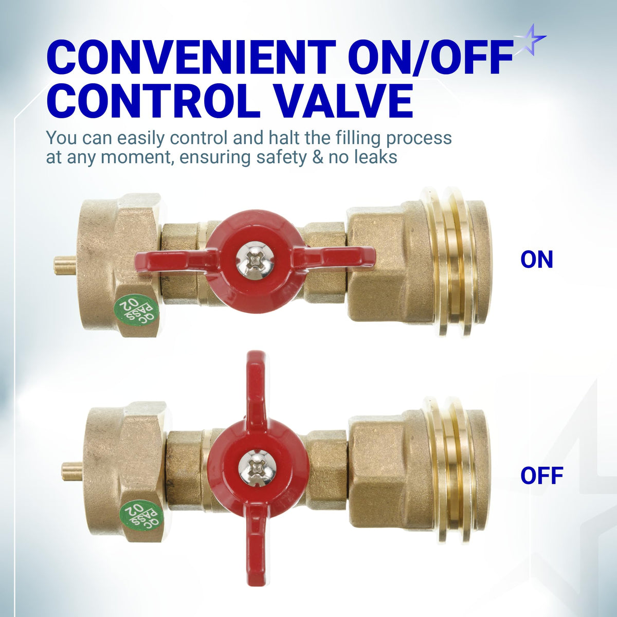 Propane tank adapter showing on and off positions of the red control valve for safe filling.