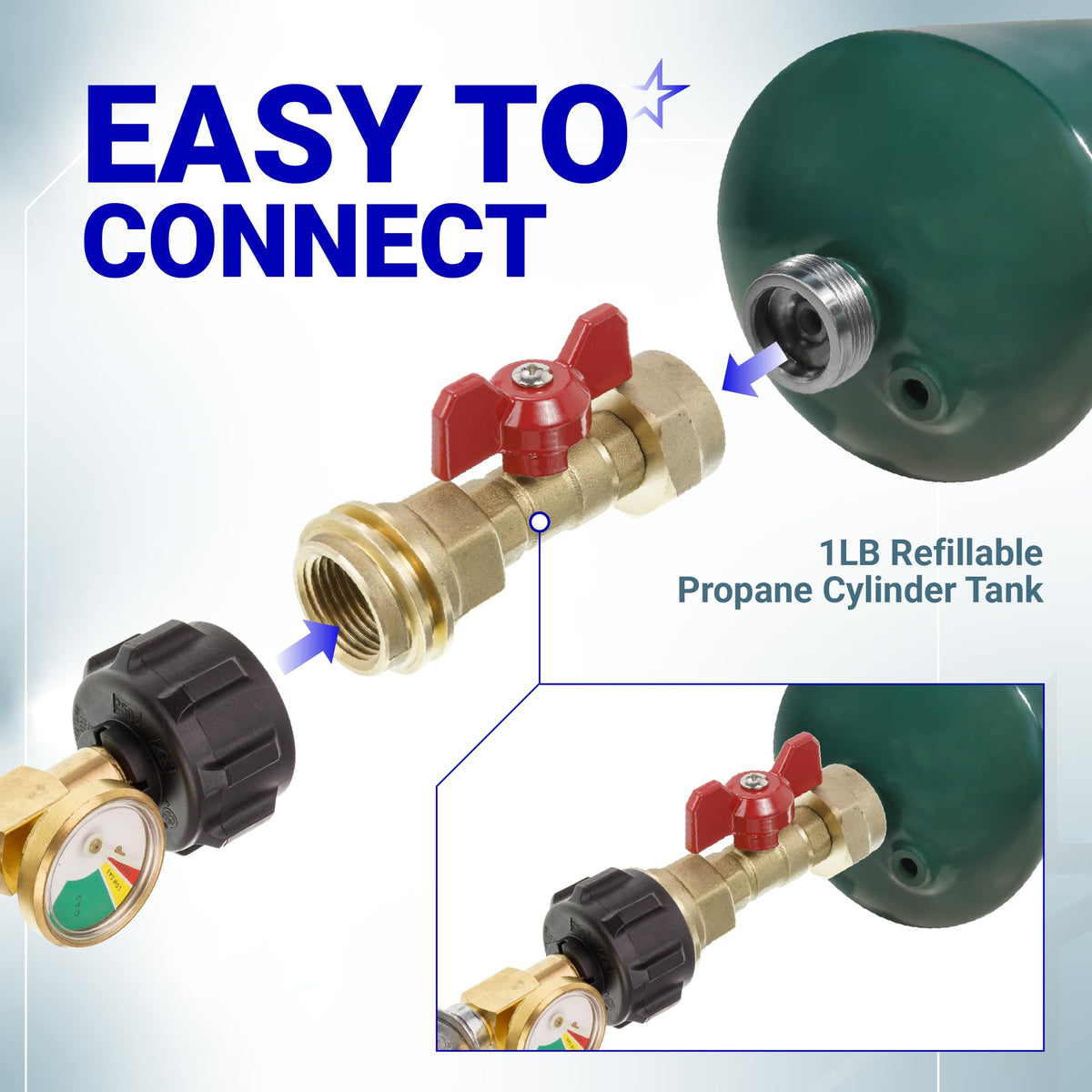 Propane tank adapter with red valve connecting a 1lb cylinder to a QCC1 gauge fitting.