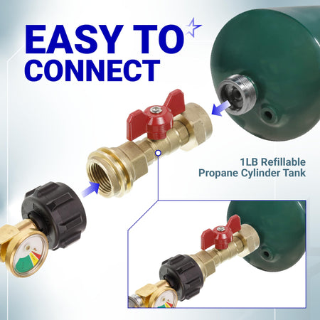 Propane tank adapter with red valve connecting a 1lb cylinder to a QCC1 gauge fitting.