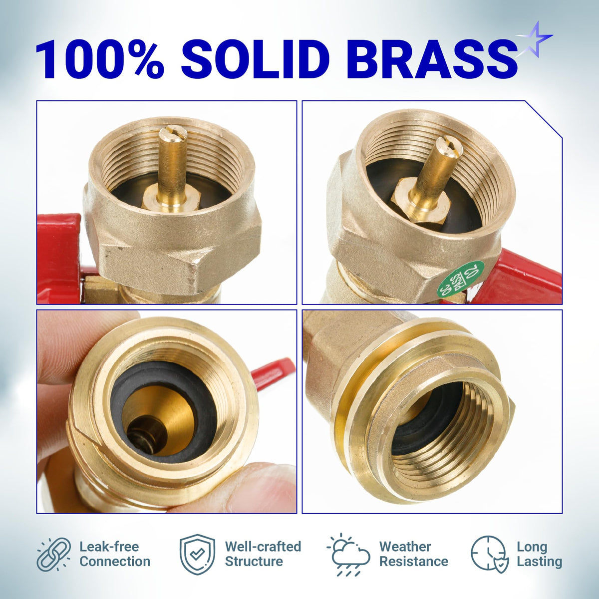Close-up views of solid brass propane tank adapter showing internal valve threads and connection points.