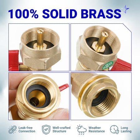 Close-up views of solid brass propane tank adapter showing internal valve threads and connection points.