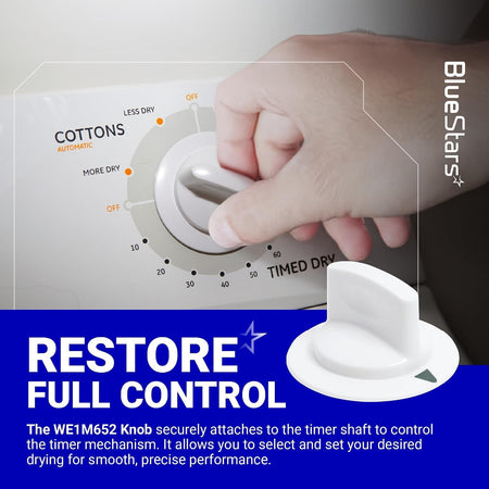 WE1M652 Dryer Timer Control Knob shown being turned on a dryer control panel, with a product rendering