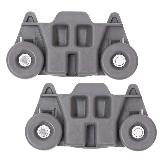 Two gray W10195416 dishwasher lower dish rack wheel assemblies for KitchenAid, Whirlpool, and Kenmore dishwashers.