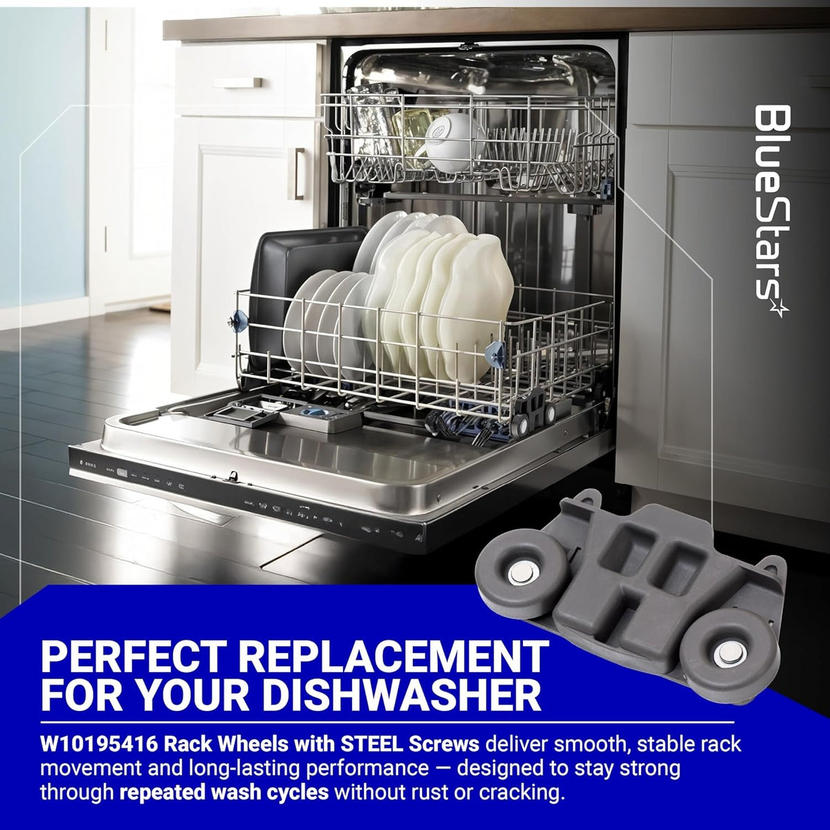 W10195416 dishwasher lower rack wheel replacement part shown with an open dishwasher and product feature text.