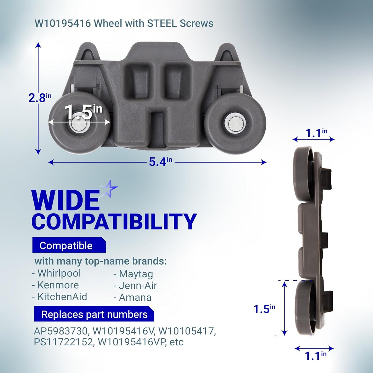 W10195416 dishwasher lower rack wheel assembly with dimensions and compatibility information.