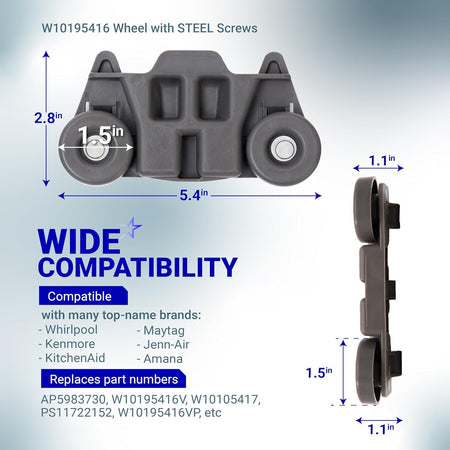 W10195416 dishwasher lower rack wheel assembly with dimensions and compatibility information.