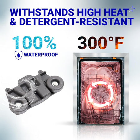 W10195416 dishwasher lower rack wheel showing heat and water resistance features for KitchenAid and Whirlpool models.