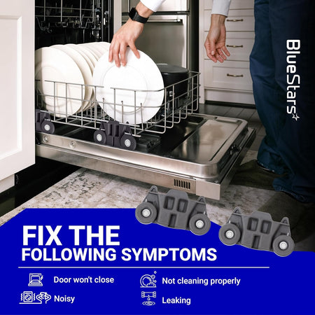 Two W10195416 dishwasher lower rack wheels shown with a dishwasher and symptom repair guide.