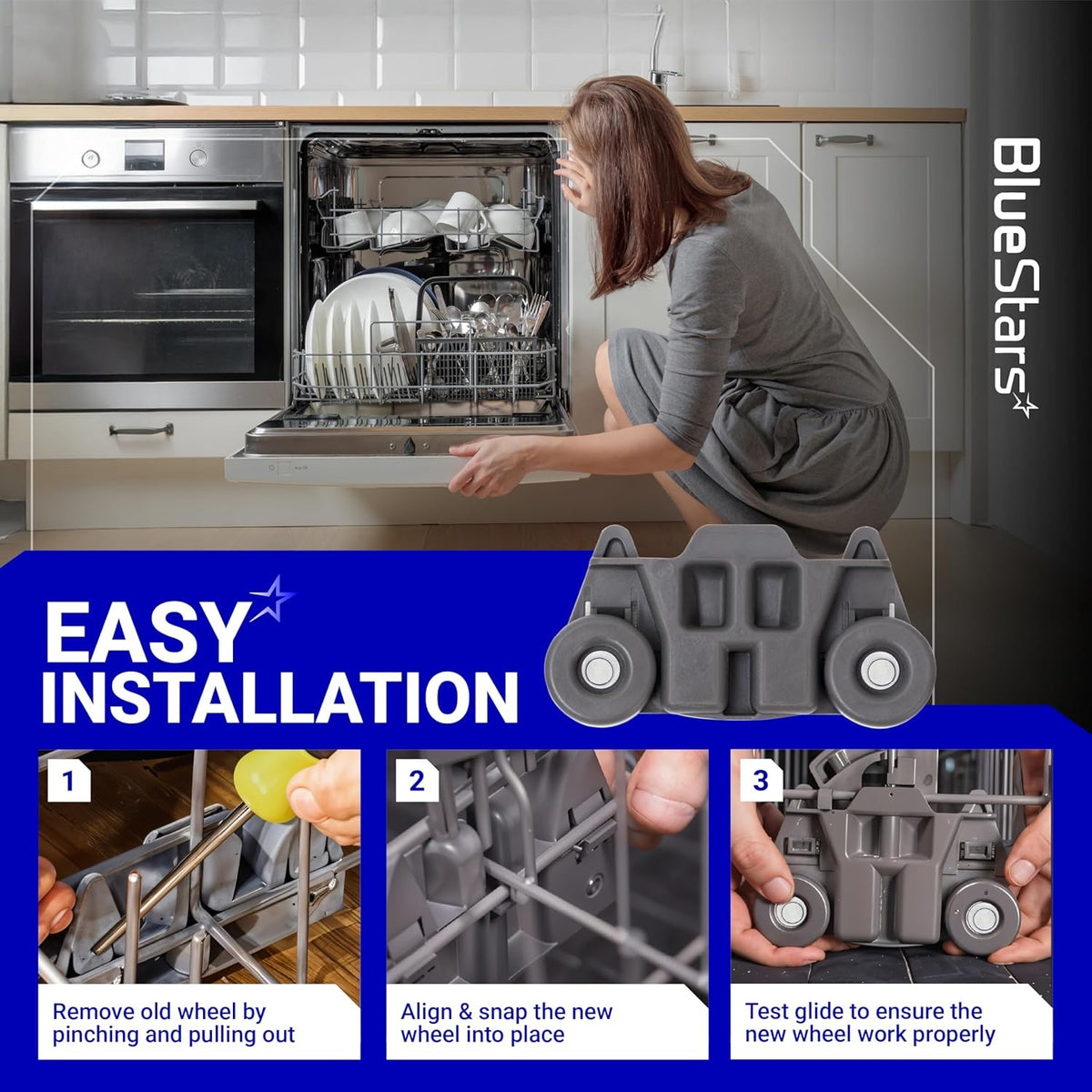 Instructional graphic showing easy installation steps for W10195416 dishwasher lower dish rack wheel replacement.