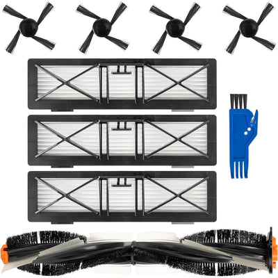 Replacement parts kit for Neato robot vacuums including main brush, three filters, four side brushes, and cleaning tool.