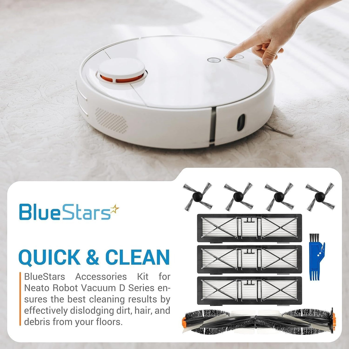 BlueStars accessories kit for Neato D Series robot vacuum including main brush, filters, side brushes, and cleaning tool.