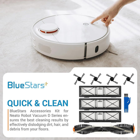 BlueStars accessories kit for Neato D Series robot vacuum including main brush, filters, side brushes, and cleaning tool.