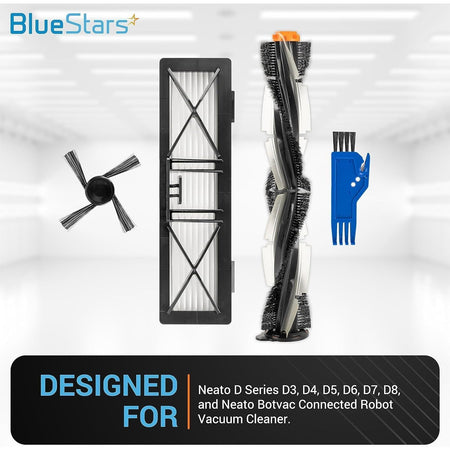 Replacement side brush, filter, main brush, and cleaning tool for Neato D Series and Botvac robot vacuums.