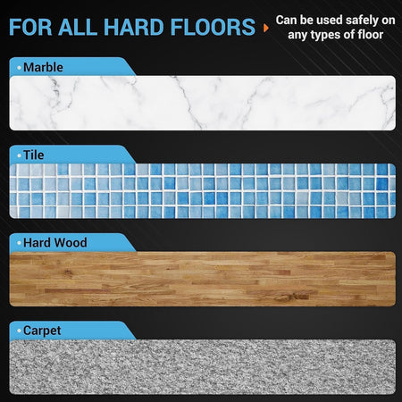 Infographic showing Neato robot vacuum accessories are safe for marble, tile, hardwood, and carpet floor surfaces.