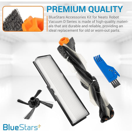 Replacement main brush, filter, side brush, and cleaning tool for Neato D Series robot vacuum cleaners.