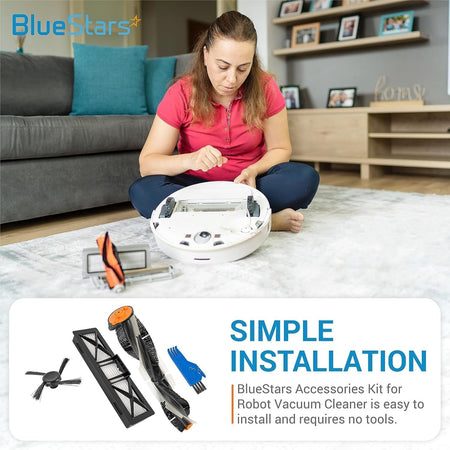 Woman installing replacement parts from a Neato robot vacuum accessories kit.