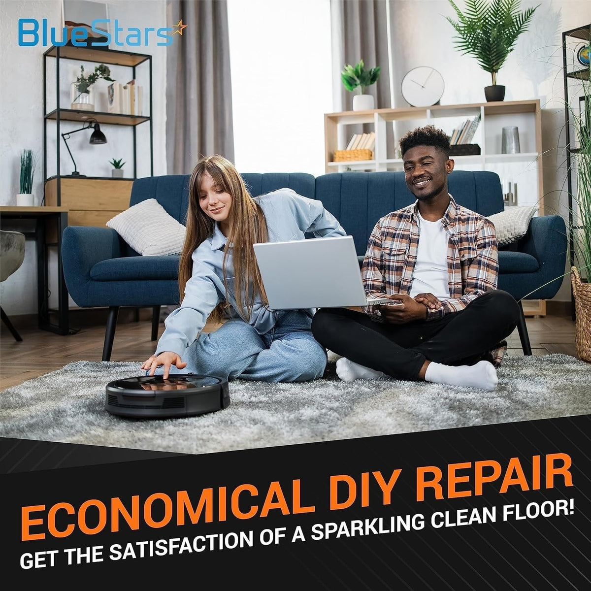 Couple using a Neato robot vacuum cleaner in a living room for DIY home maintenance.