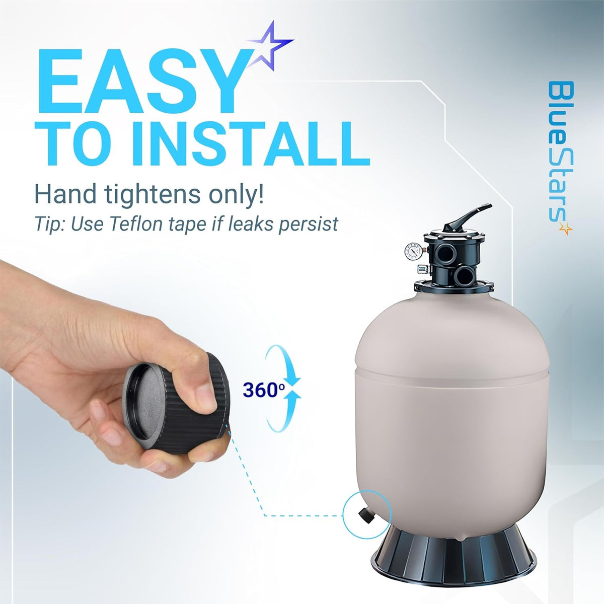 Hand installing SX180HG pool sand filter drain cap onto a Hayward Pro Series filter tank.