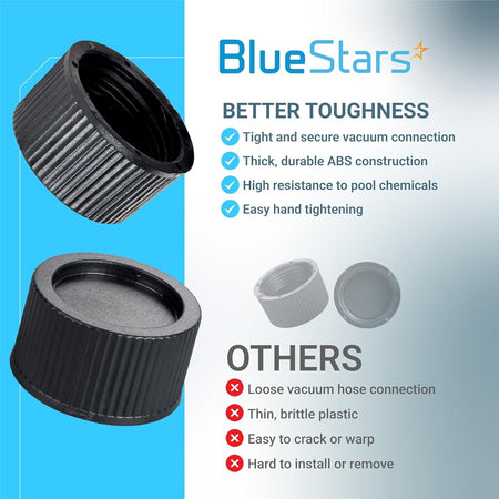Comparison infographic showing BlueStars SX180HG pool sand filter drain cap features versus standard alternatives.