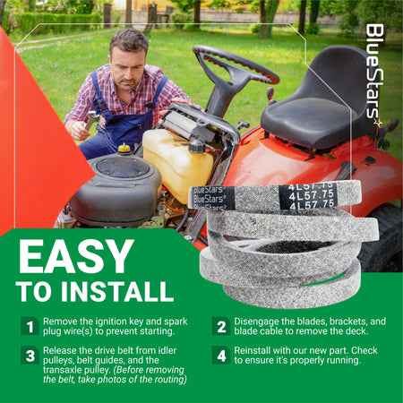 754-04043 drive belt replacement for Cub Cadet and Troy Bilt lawn mowers with installation guide graphic.