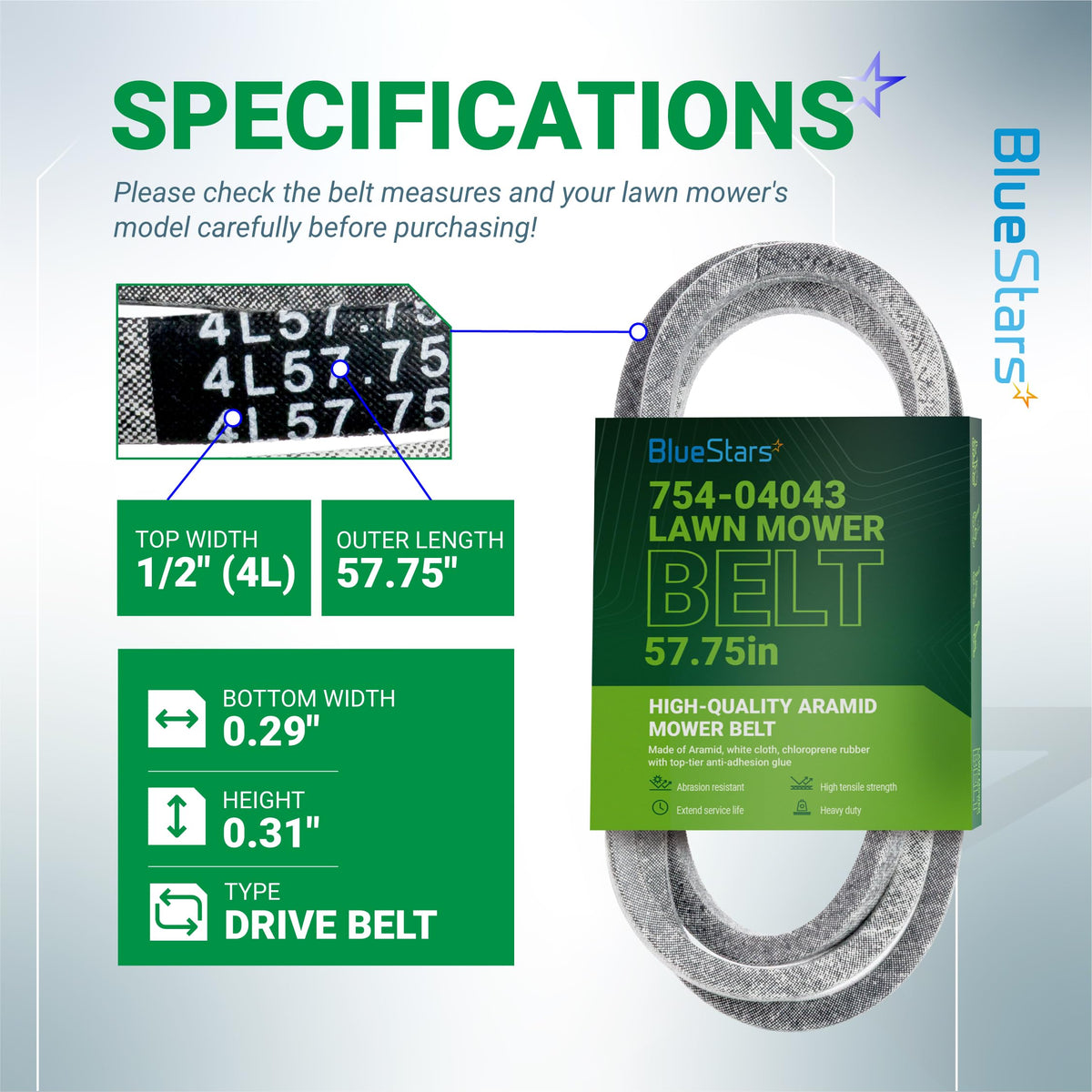 Specification chart for 754-04043 lawn mower drive belt showing dimensions and material details.