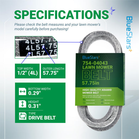 Specification chart for 754-04043 lawn mower drive belt showing dimensions and material details.