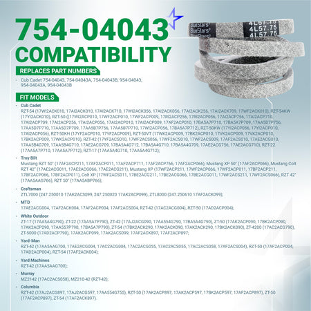 754-04043 lawn mower drive belt compatibility chart for Cub Cadet, Troy Bilt, and MTD models.