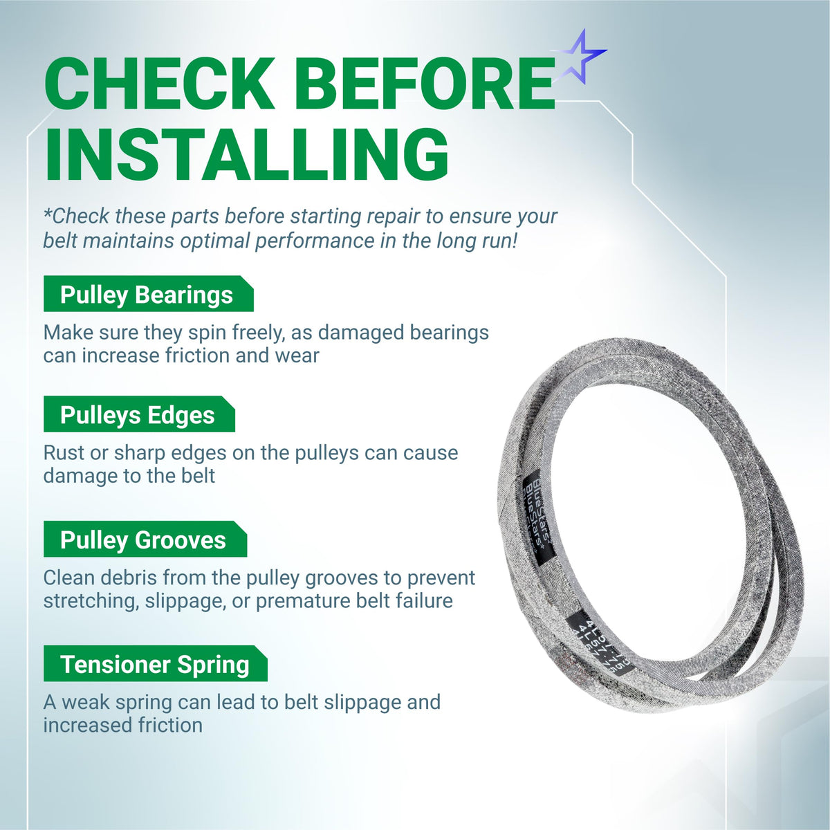 Informational graphic for 754-04043 lawn mower drive belt installation tips and pulley maintenance checklist.