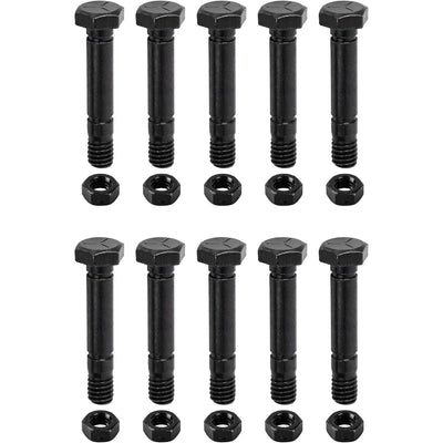 Set of 10 black snow blower shear pins and matching hex nuts arranged in rows.