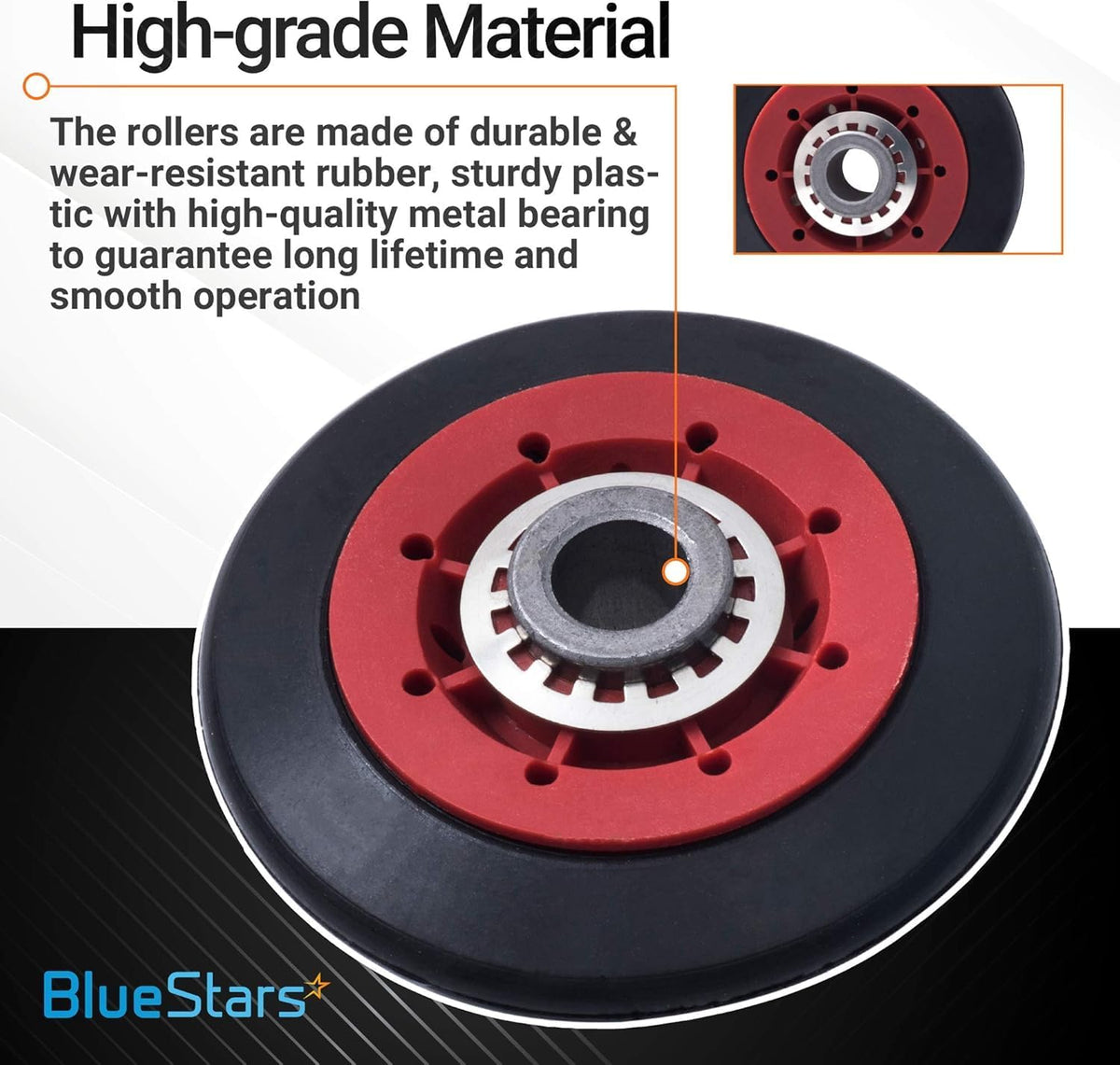 Close-up of a dryer drum support roller showing durable rubber, red plastic, and metal bearing construction.