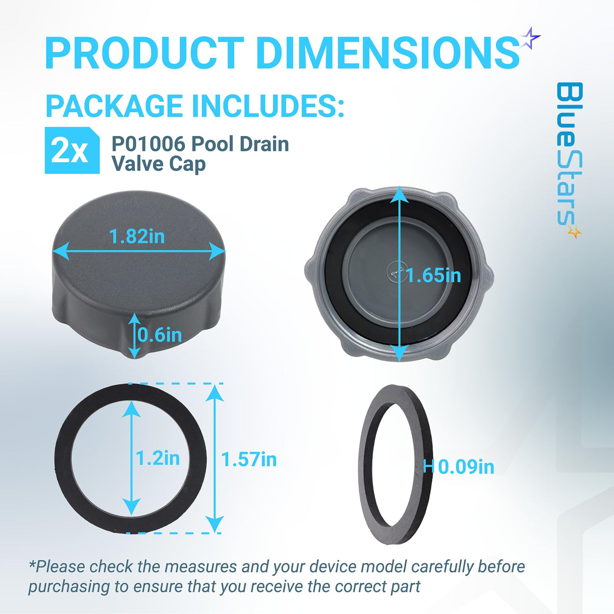 Dimensional diagram of P01006 pool drain valve cap and rubber seal for Coleman above ground pools.