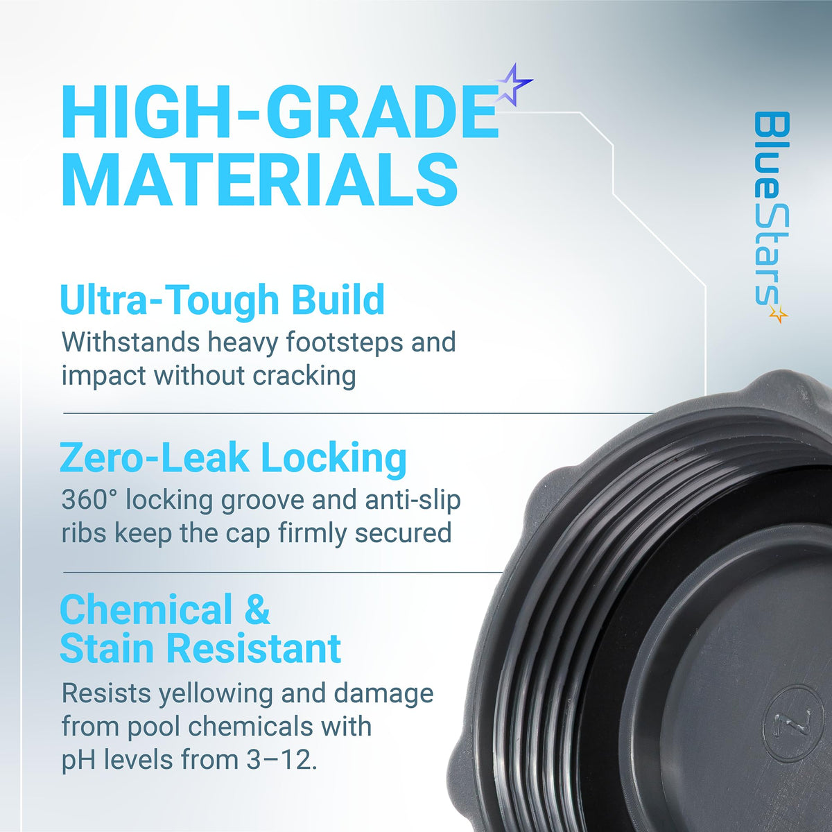 Infographic highlighting high-grade material features of the P01006 pool drain valve cap for Coleman pools.