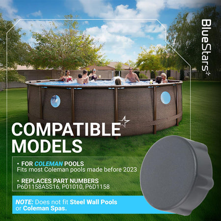 P01006 replacement pool drain valve cap for Coleman above ground pools with compatibility information overlay.