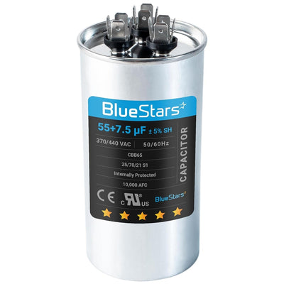 55+7.5 uF MFD 370/440 VAC CBB65B round dual run capacitor for HVAC condenser and heat pump units.