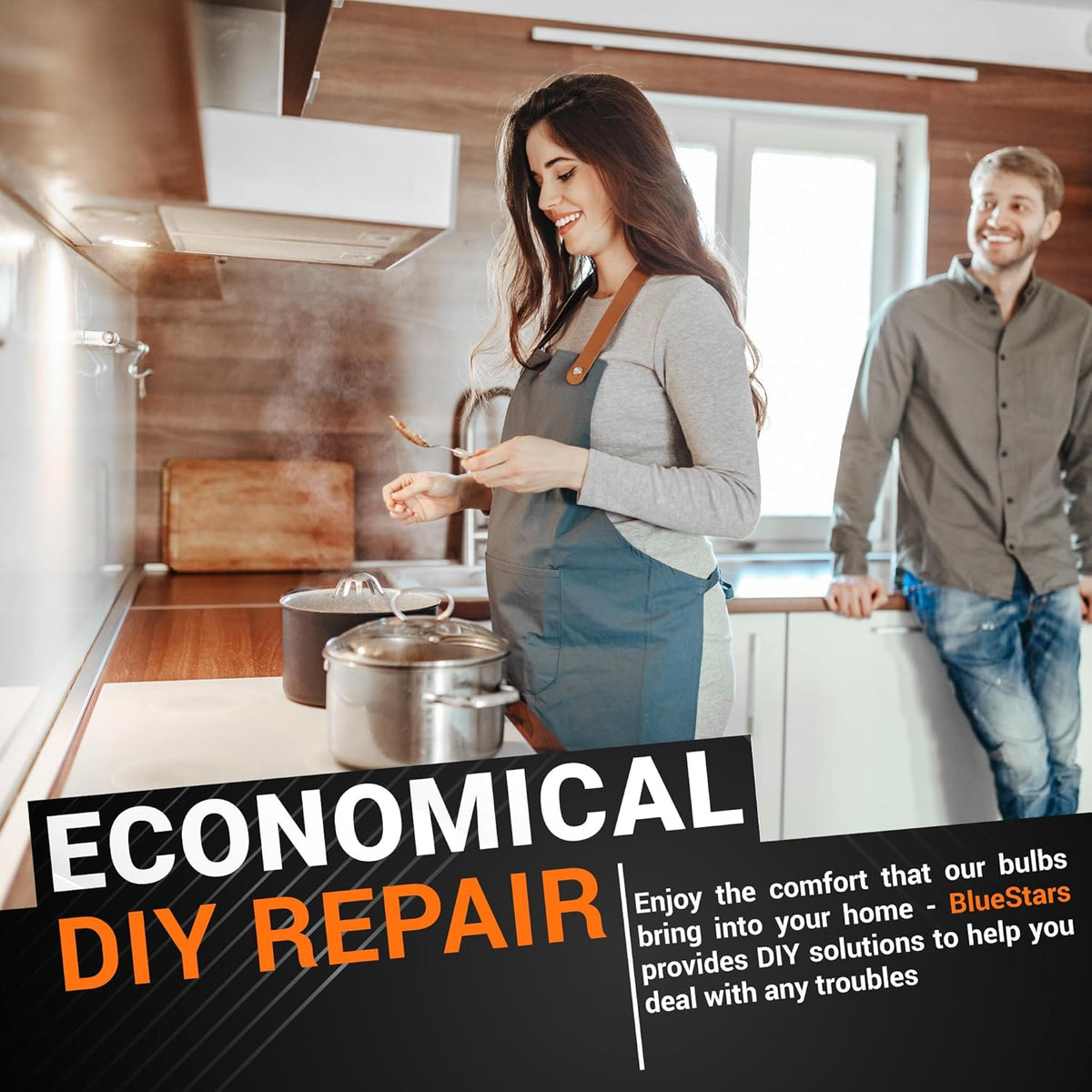 Lifestyle image of a couple in a kitchen promoting 8206232A 3W E17 base microwave LED bulb DIY repair solutions.