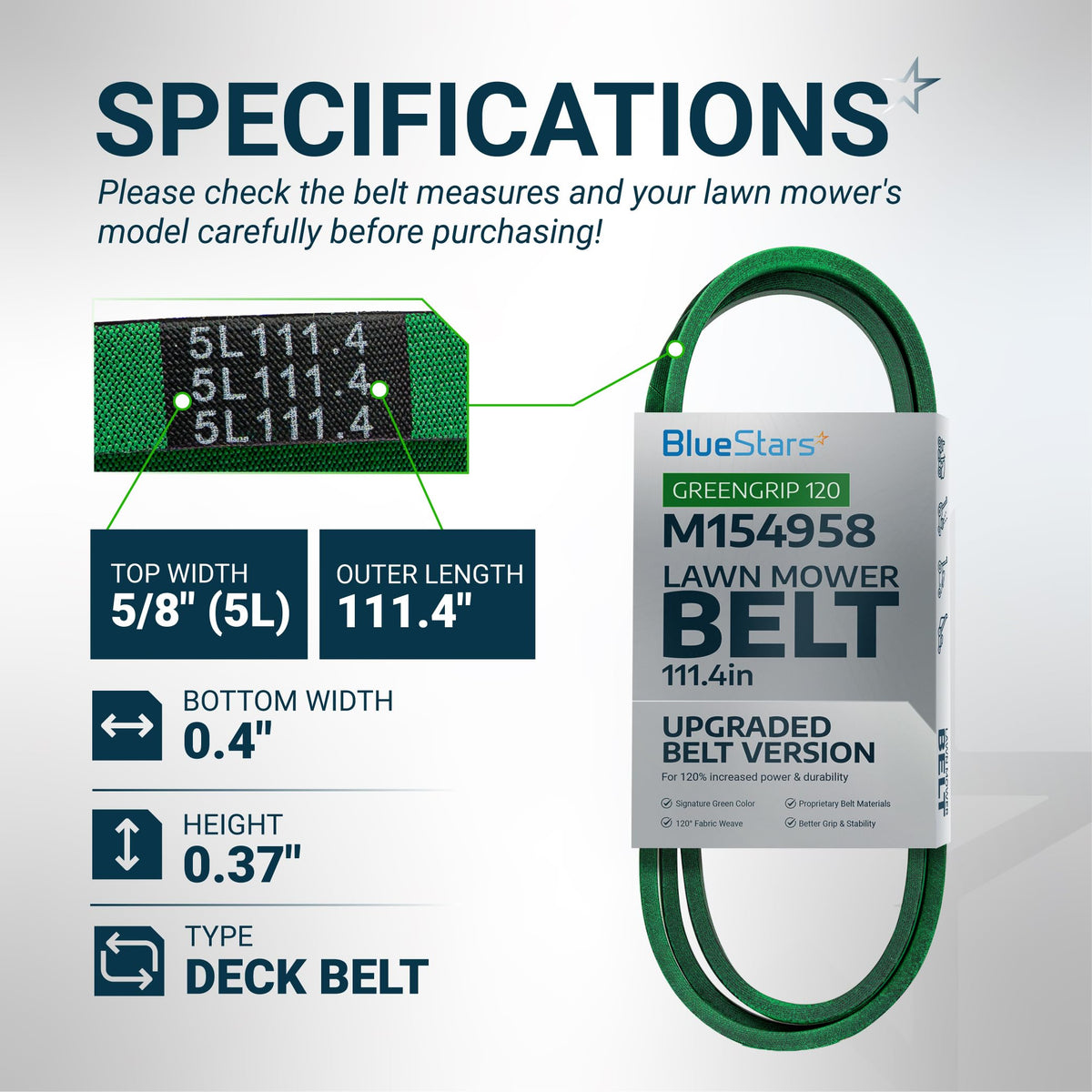 M154958 secondary mower deck belt specifications chart showing dimensions, width, length, and belt material details.