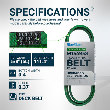 M154958 secondary mower deck belt specifications chart showing dimensions, width, length, and belt material details.